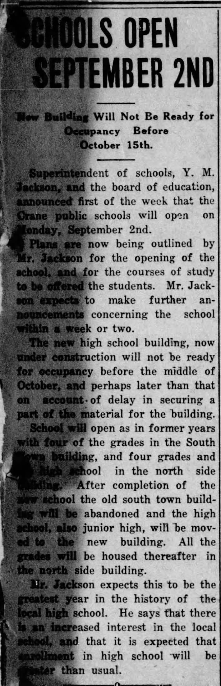 Schools to Open Sept. 2 — New High School Delayed